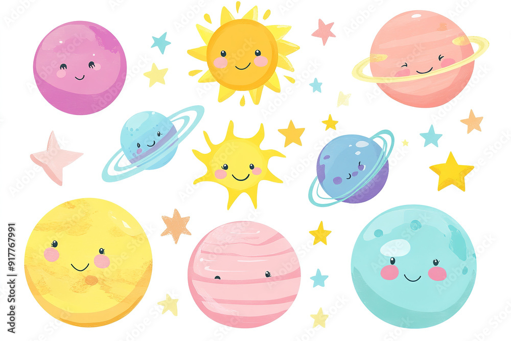 Kawaii Style Vector Illustration Featuring Cute Planets, Sun, and Stars in Pastel Colors on White Background, Perfect for Baby Room Decor and Stickers