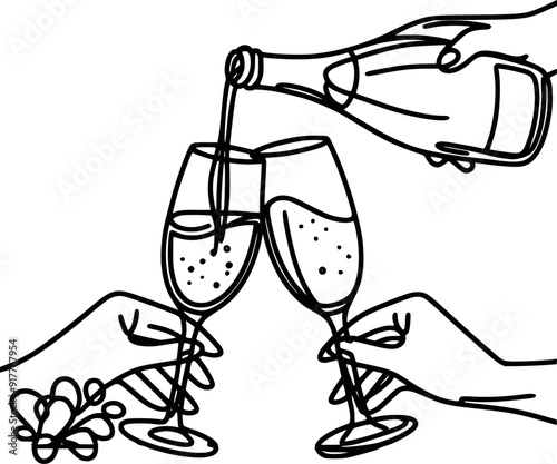 Continuous One line drawing process of pouring champagne into a glasses generated Ai
