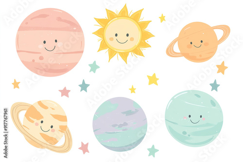 Kawaii Style Vector Illustration Featuring Cute Planets, Sun, and Stars in Pastel Colors on White Background, Perfect for Baby Room Decor and Stickers