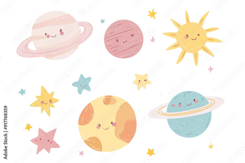 Vector Illustration of Adorable Planets, Sun, and Stars in Pastel Colors on a White Background, Featuring Kawaii Style. Ideal for Baby's Room Decor, Wallpaper Print, or Sticker Print, Vector Illustration of Adorable Planets, Sun, and Stars in Pastel Colors on a White Background, Featuring Kawaii Style. Ideal for Baby's Room Decor, Wallpaper Print, or Sticker Print,