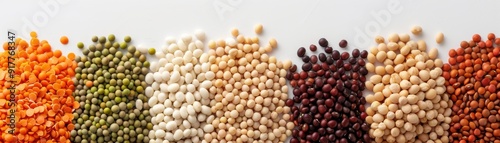 A Rainbow of Legumes: A vibrant and diverse assortment of lentils and beans arranged in colorful rows, showcasing the beauty of natural, healthy ingredients.