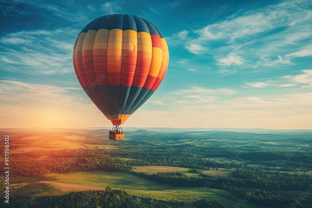 Obraz premium A colorful hot air balloon drifts peacefully over a vast, scenic landscape with rolling hills, under a clear blue sky during a bright day.