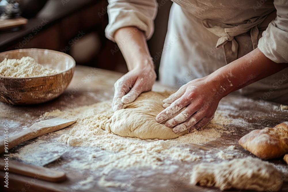Kneading Sourdough Dough on Floured Wooden Surface Kneading Sourdough Dough on Floured Wooden Surface