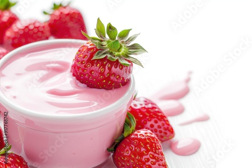 Strawberry Bliss: Pink yogurt delight adorned with fresh strawberries, a symphony of taste and freshness.