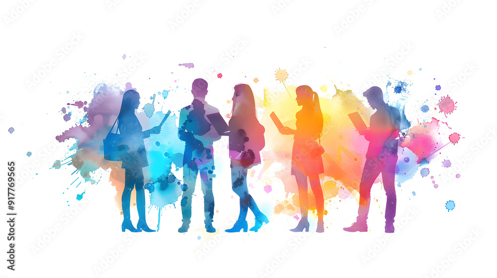 A group of people discussing watercolor business innovations with laptops on a fantastical background 3D flat icon concept A group of people discussing watercolor business innovations with laptops on a fantastical background 3D flat icon concept