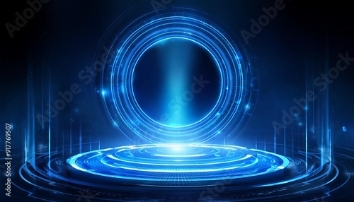 Futuristic digital interface with a dark background, featuring glowing lines and waves of bright, photo