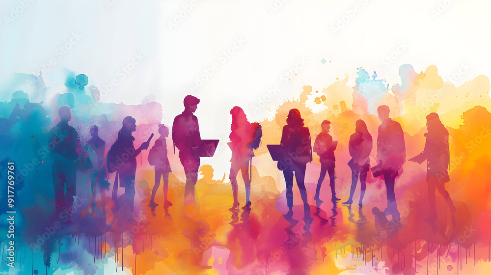 A group of people developing watercolor business models with tablets on dreamy background   3D flat icon people with watercolor business models and tablets concept