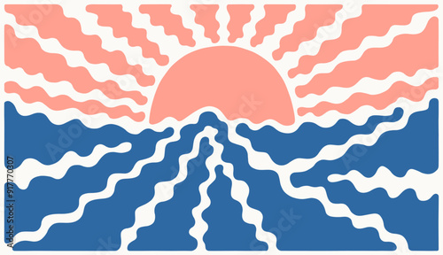 Horizontal landscape in groovy style with sun and sea. Stylized surreal illustration. Vector art