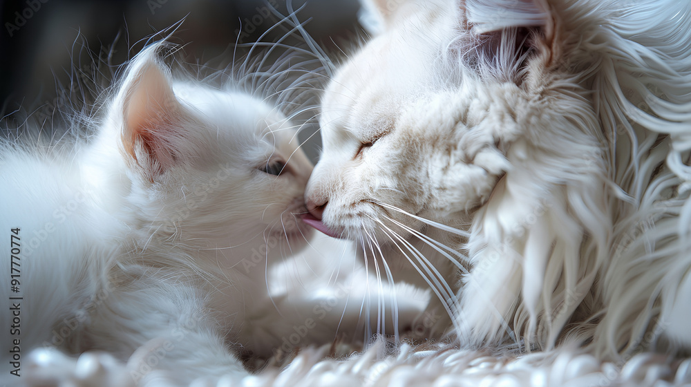 Obraz premium mother white cat licking her kitten