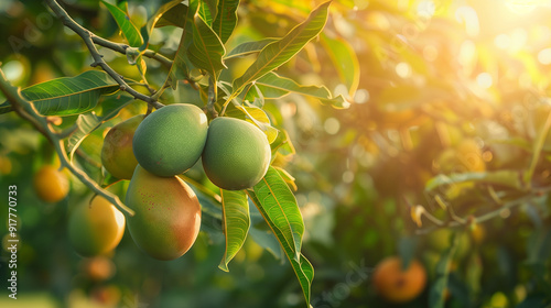 Bunch of fresh ripe mangoes hanging on a tree in mango garden.
