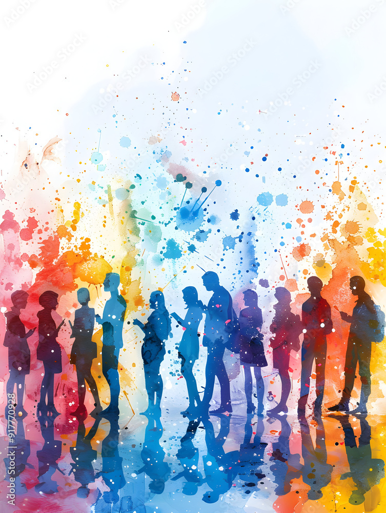 Obraz premium Fantastical 3D Flat Icon: Watercolor Conference Calls with Smartphones for Creative Business Communication