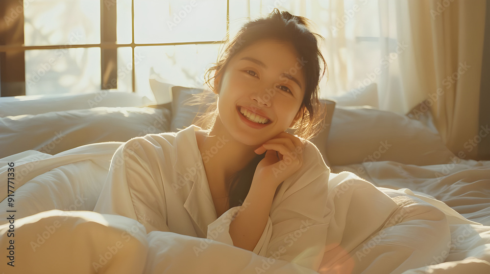 A cheerful woman smiles warmly while relaxing in bed, bathed in golden morning sunlight, creating a bright and cozy atmosphere. A cheerful woman smiles warmly while relaxing in bed, bathed in golden morning sunlight, creating a bright and cozy atmosphere.