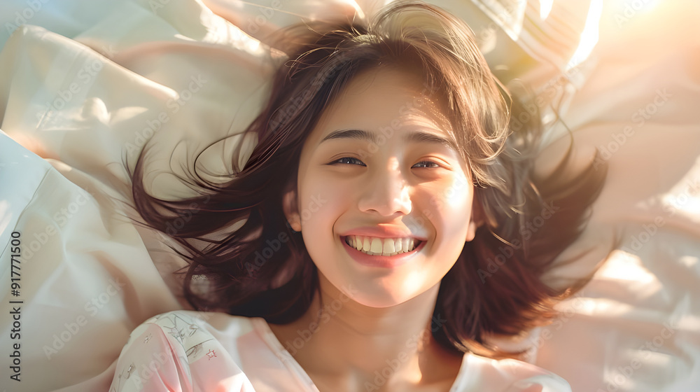 A cheerful woman with tousled hair smiles brightly while lying in a sunlit bed, creating a warm and joyful morning atmosphere. A cheerful woman with tousled hair smiles brightly while lying in a sunlit bed, creating a warm and joyful morning atmosphere.