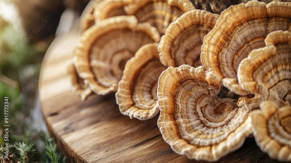 A close-up of organic turkey tail mushrooms on a wooden cutting board, showcasing their fresh and natural appearance. A close-up of organic turkey tail mushrooms on a wooden cutting board, showcasing their fresh and natural appearance.