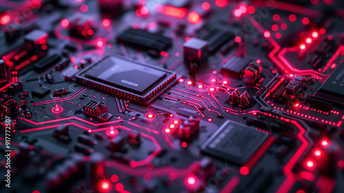 A close up of a computer motherboard with red neonatal lights. 