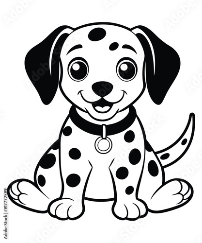 Dalmatian Dog cartoon vector illustration, Happy Dalmatian puppy vector image, animal line illustration hand drawn black and white vector