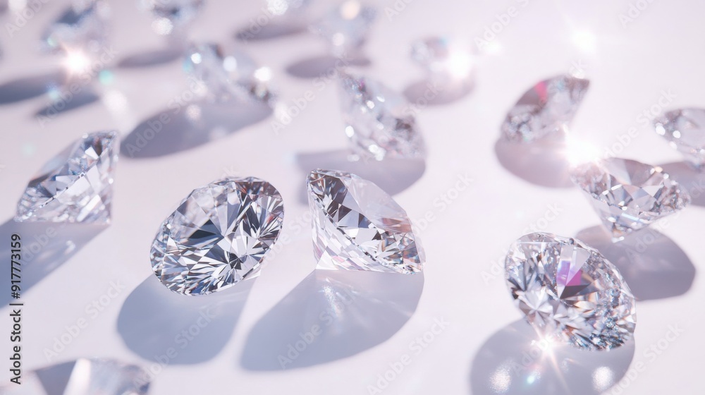A collection of loose diamonds, artfully spread out on a white background, each one glittering as it catches the light from different angles. A collection of loose diamonds, artfully spread out on a white background, each one glittering as it catches the light from different angles.