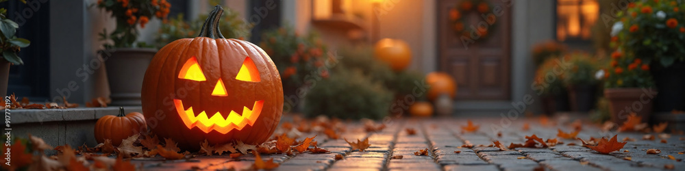 Glowing Jack-o'-Lantern Smiling Mischievously on Autumn Porch with Fallen Leaves Glowing Jack-o'-Lantern Smiling Mischievously on Autumn Porch with Fallen Leaves