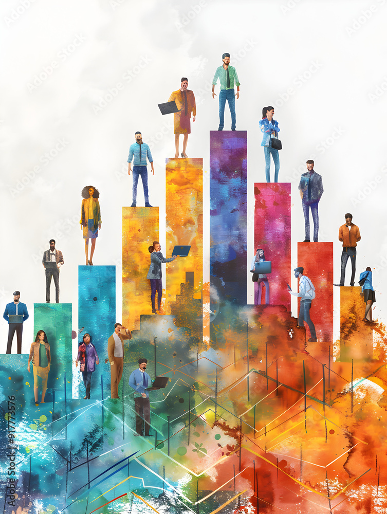 A group of people analyzing watercolor financial growth charts with laptops against a fantastical background for creative business growth 3D Flat icon concept A group of people analyzing watercolor financial growth charts with laptops against a fantastical background for creative business growth 3D Flat icon concept