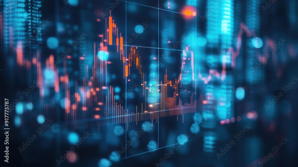 Obraz premium market graph with red and orange candles, double exposure of a cityscape blue background