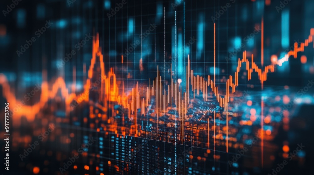 market graph with red and orange candles, double exposure of a cityscape blue background market graph with red and orange candles, double exposure of a cityscape blue background