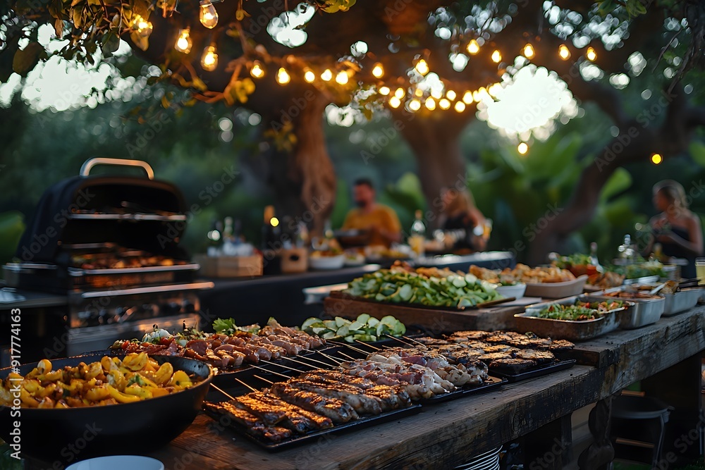 Naklejka premium Outdoor barbecue party with grilled food and illuminated ambiance at dusk.