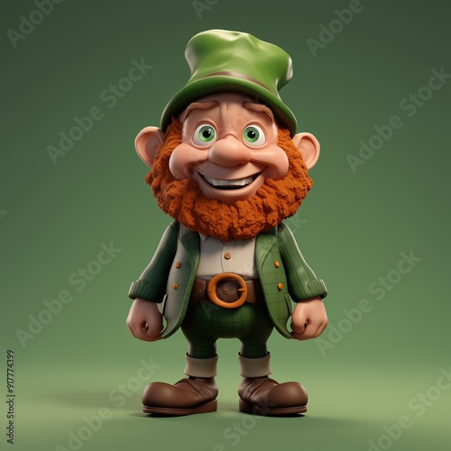 Cheerful Cartoon Leprechaun Character in Green Outfit with Orange Beard on Green Background photo