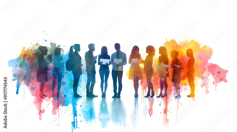 Obraz premium A Diverse Group of People Creating Watercolor Financial Strategies with Laptops on Whimsical Background 3D Flat Icon Concept