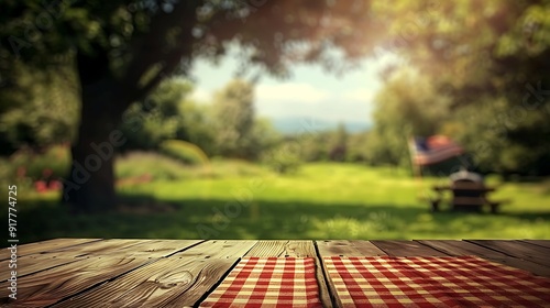 A picnic table with a red and white checkered cloth, blurred background of a BBQ grill and American flags, bright summer day, creating a festive 4th of July atmosphere, vibrant colors, soft focus,
