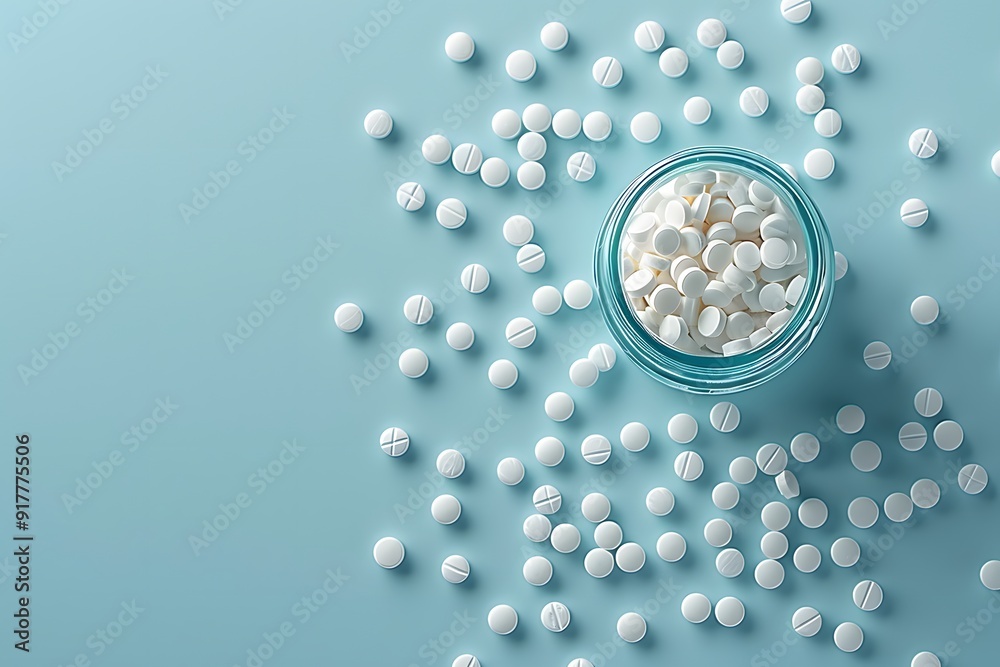 Health and Medicine: White Pills in a Glass Jar Against a Blue Background for Pharmaceutical Design Health and Medicine: White Pills in a Glass Jar Against a Blue Background for Pharmaceutical Design