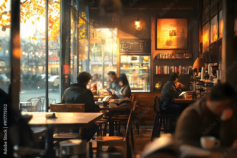 Cozy cafe ambiance with diverse patrons enjoying their drinks and reading in soft sunlight. Cozy cafe ambiance with diverse patrons enjoying their drinks and reading in soft sunlight.
