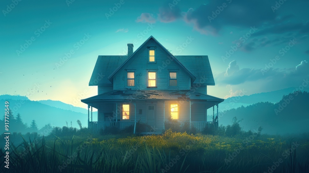 Eerie countryside farmhouse illuminated at dusk, surrounded by fog and hills in the background, creating a haunting and mysterious atmosphere. Eerie countryside farmhouse illuminated at dusk, surrounded by fog and hills in the background, creating a haunting and mysterious atmosphere.