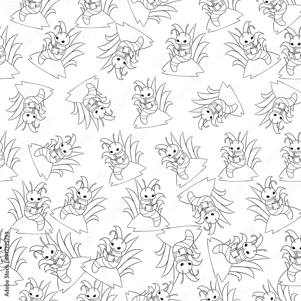 Cute Little Bookworm Inspired Repeat Pattern Design as Coloring Books Cute Little Bookworm Inspired Repeat Pattern Design as Coloring Books