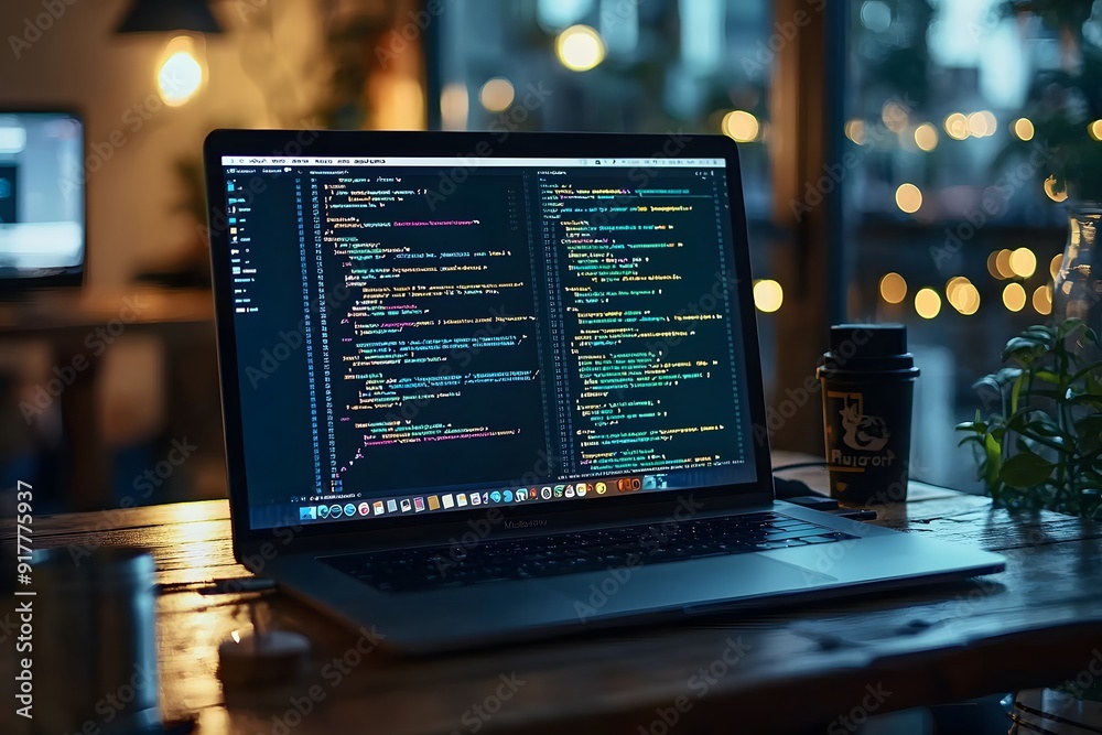 A sleek laptop with code on the screen in a cozy, dimly lit workspace. A sleek laptop with code on the screen in a cozy, dimly lit workspace.