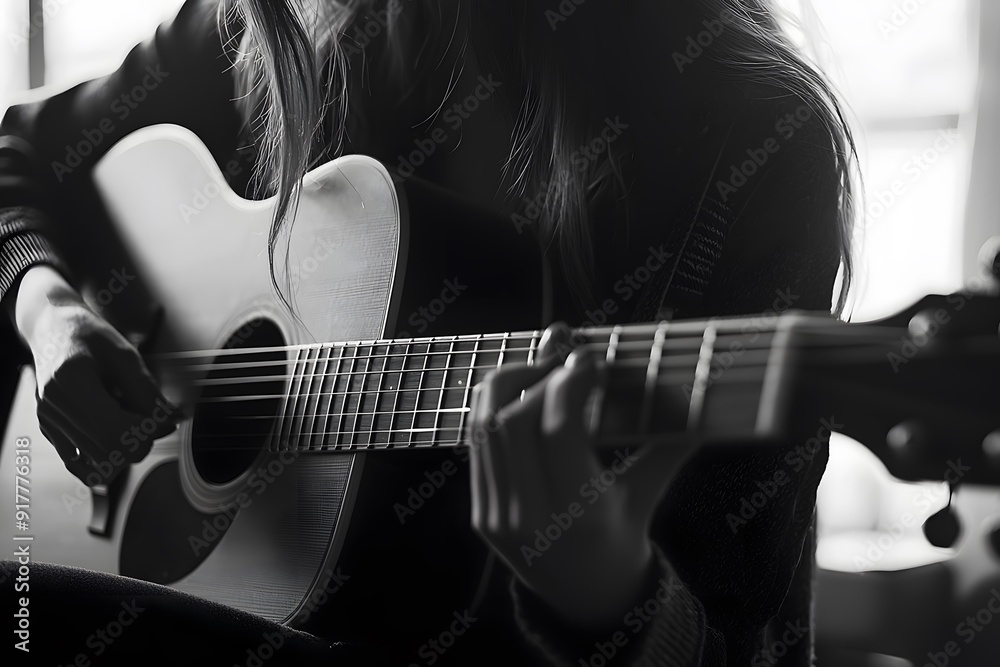 Fototapeta premium Female musician passionately playing acoustic guitar indoors.