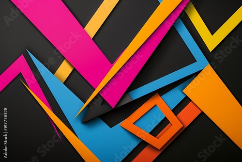 Bold abstract composition, interlocking triangles of varying sizes in electric colors on a black backdrop. Crisp lines, dynamic angles, minimalist aesthetic