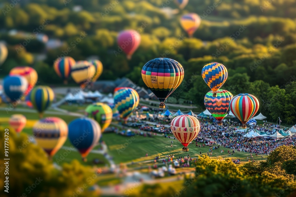 Fototapeta premium A colorful hot air balloon festival with miniature balloons floating in the sky, enhanced by the tilt-shift effect. 