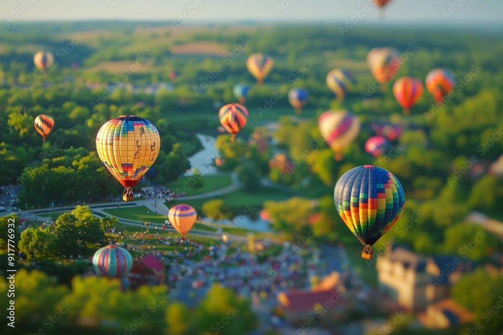 Obraz premium A colorful hot air balloon festival with miniature balloons floating in the sky, enhanced by the tilt-shift effect. 