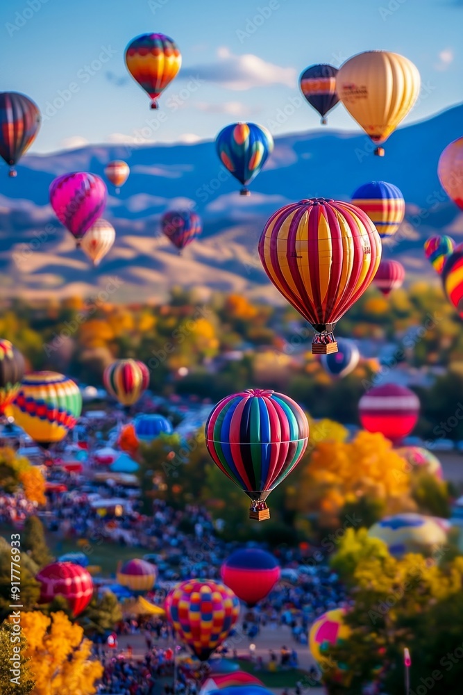 Obraz premium A colorful hot air balloon festival with miniature balloons floating in the sky, enhanced by the tilt-shift effect. 