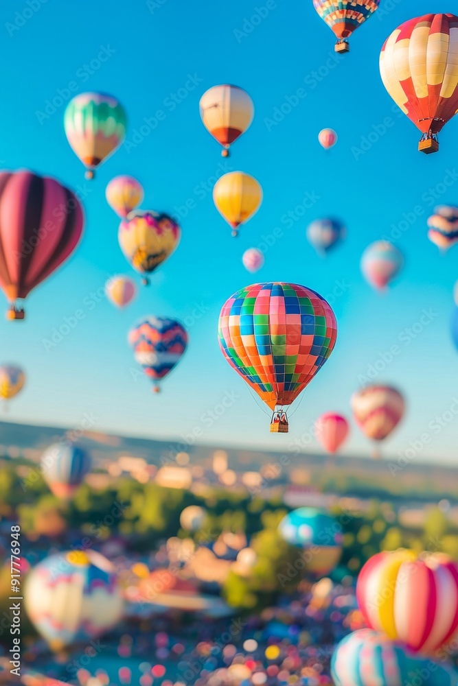 Obraz premium A colorful hot air balloon festival with miniature balloons floating in the sky, enhanced by the tilt-shift effect. 
