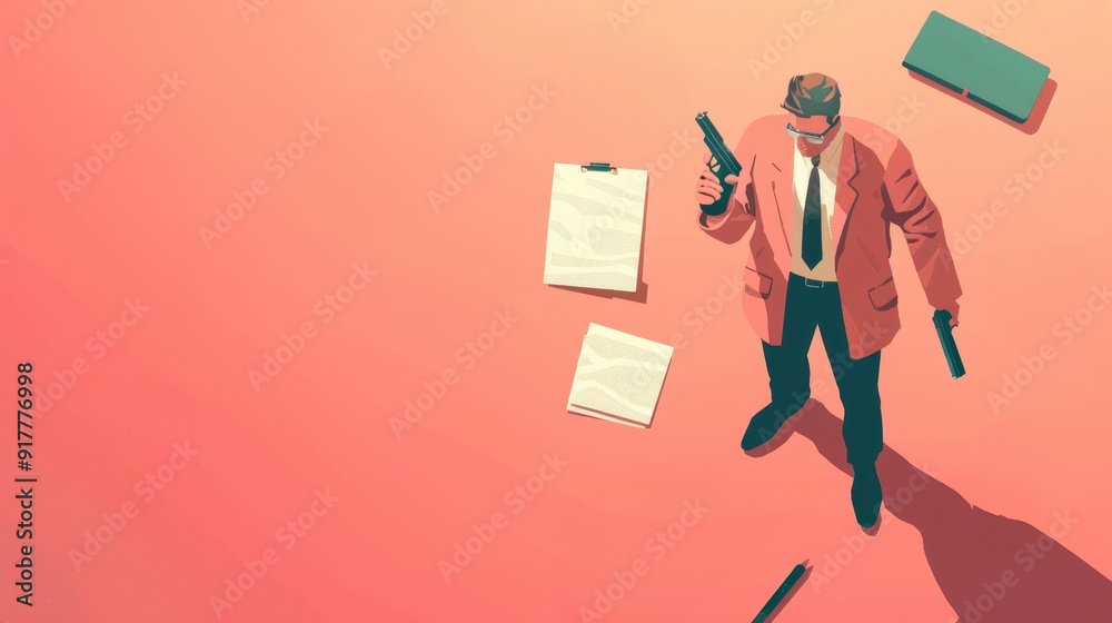 Stylized illustration of a detective holding a gun, with scattered papers around, set against a pink gradient background. Crime scene concept.