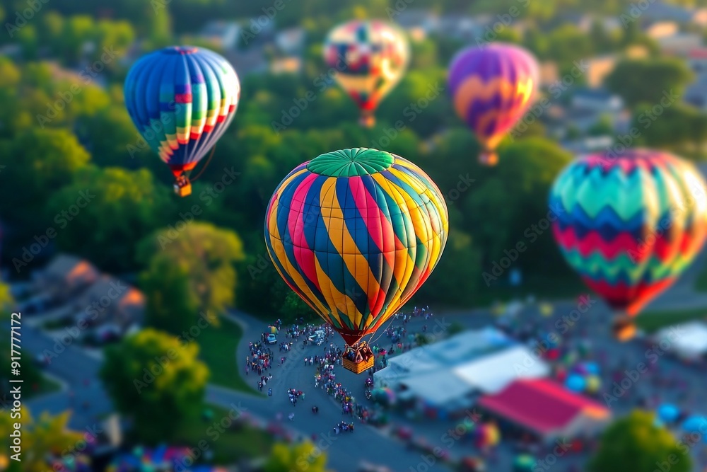 Obraz premium A colorful hot air balloon festival with miniature balloons floating in the sky, enhanced by the tilt-shift effect. 