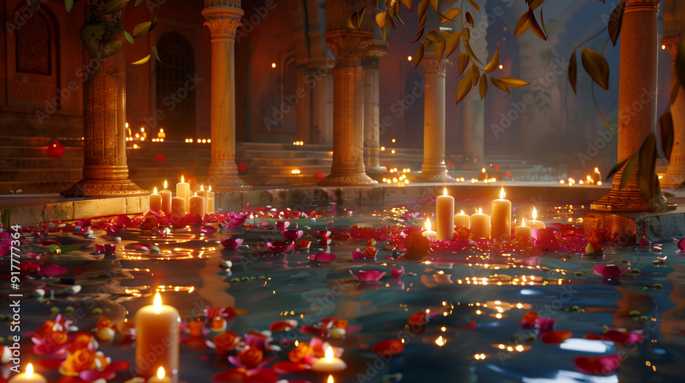 View of a temple from water. Adorned decorated with Diya oil lamps. View of a temple from water. Adorned decorated with Diya oil lamps.