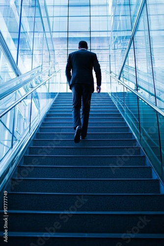 A determined professional climbing a flight of stairs in a corporate building, symbolizing the steps to success and achievement. 