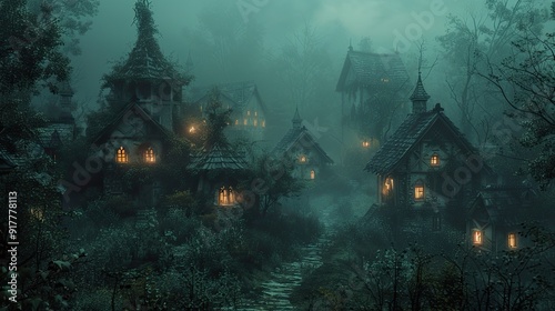 An abandoned village with overgrown paths and crumbling houses illuminated by ghostly lights