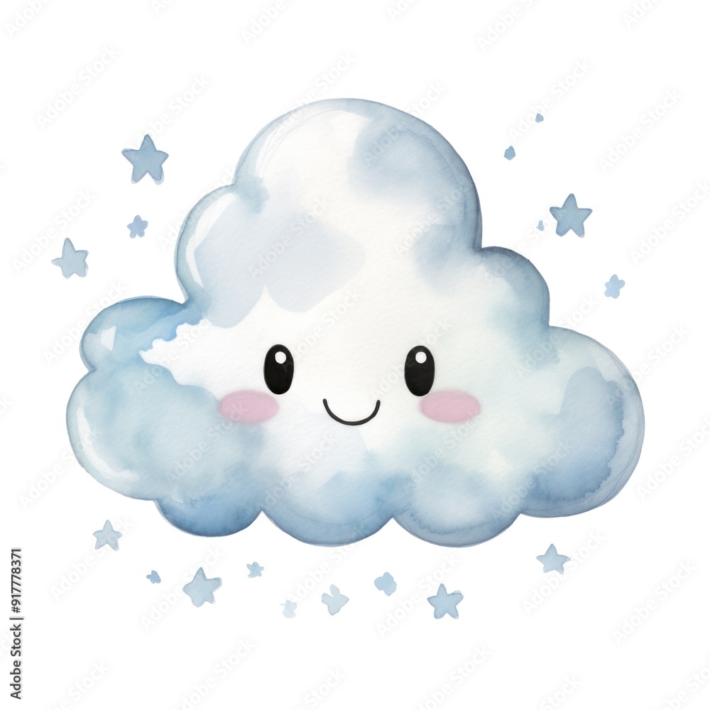 Cute Smiling Cloud Illustration for Kids with Stars, Adorable Watercolor Style Art Cute Smiling Cloud Illustration for Kids with Stars, Adorable Watercolor Style Art