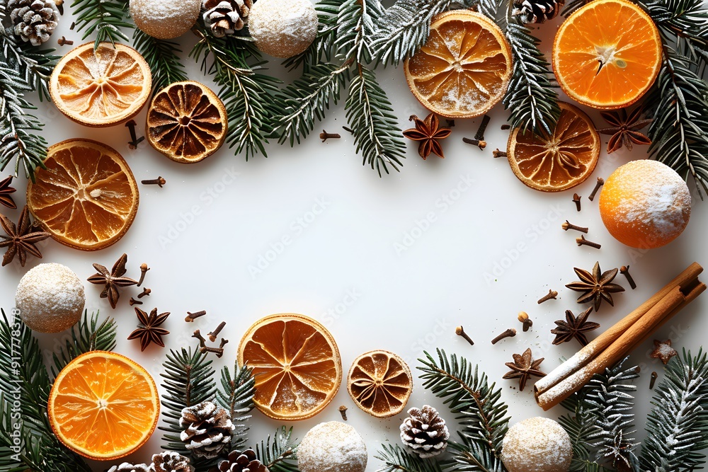 Christmas Holiday Decoration with Oranges, Pine Cones, Cinnamon Sticks, and Evergreen Branches for Festive Card Design