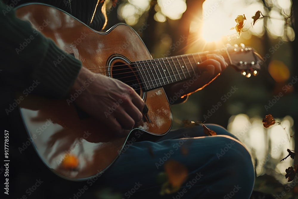 Obraz premium A serene moment as a person strums an acoustic guitar in nature at sunset.