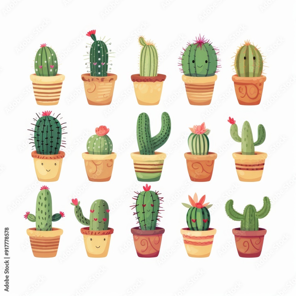 Cute Hand-Drawn Cactus Collection in Pots with Smiling Faces Illustration Perfect for Home Decor, Stationery, and Digital Designs Cute Hand-Drawn Cactus Collection in Pots with Smiling Faces Illustration Perfect for Home Decor, Stationery, and Digital Designs