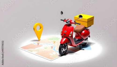 3d rendered image of A red scooter with a yellow delivery box on the back, parked on a map with a location pin icon beside